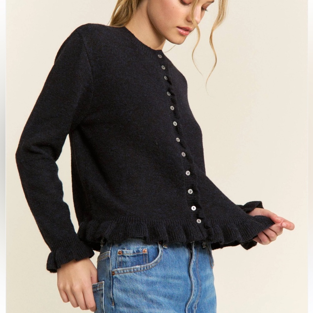 FROM PARIS FRANCE 🇫🇷 Black Ruffle Hem Button-Up Sweater